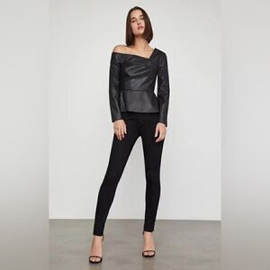 Plus Size Faux Leather One-Shoulder Peplum Top by SHEIN